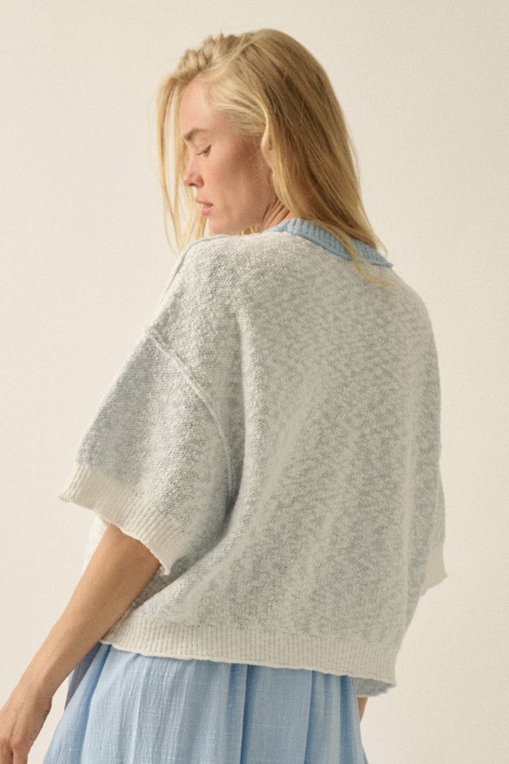 Anchor Jacquard-Knit Exposed-Seam Short-Sleeve Sweater