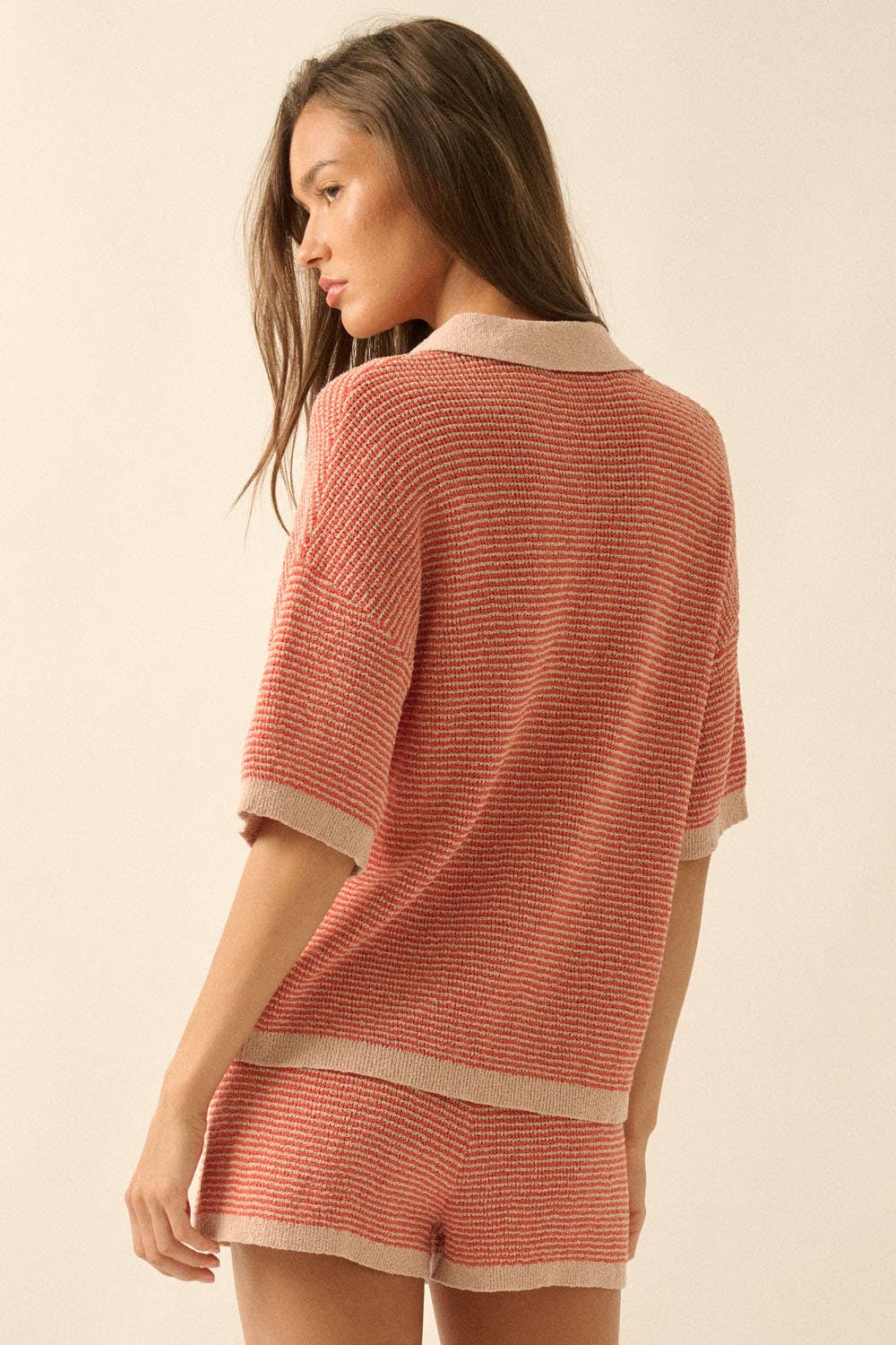 Striped Rib-Knit Collared Split-Neck Top
