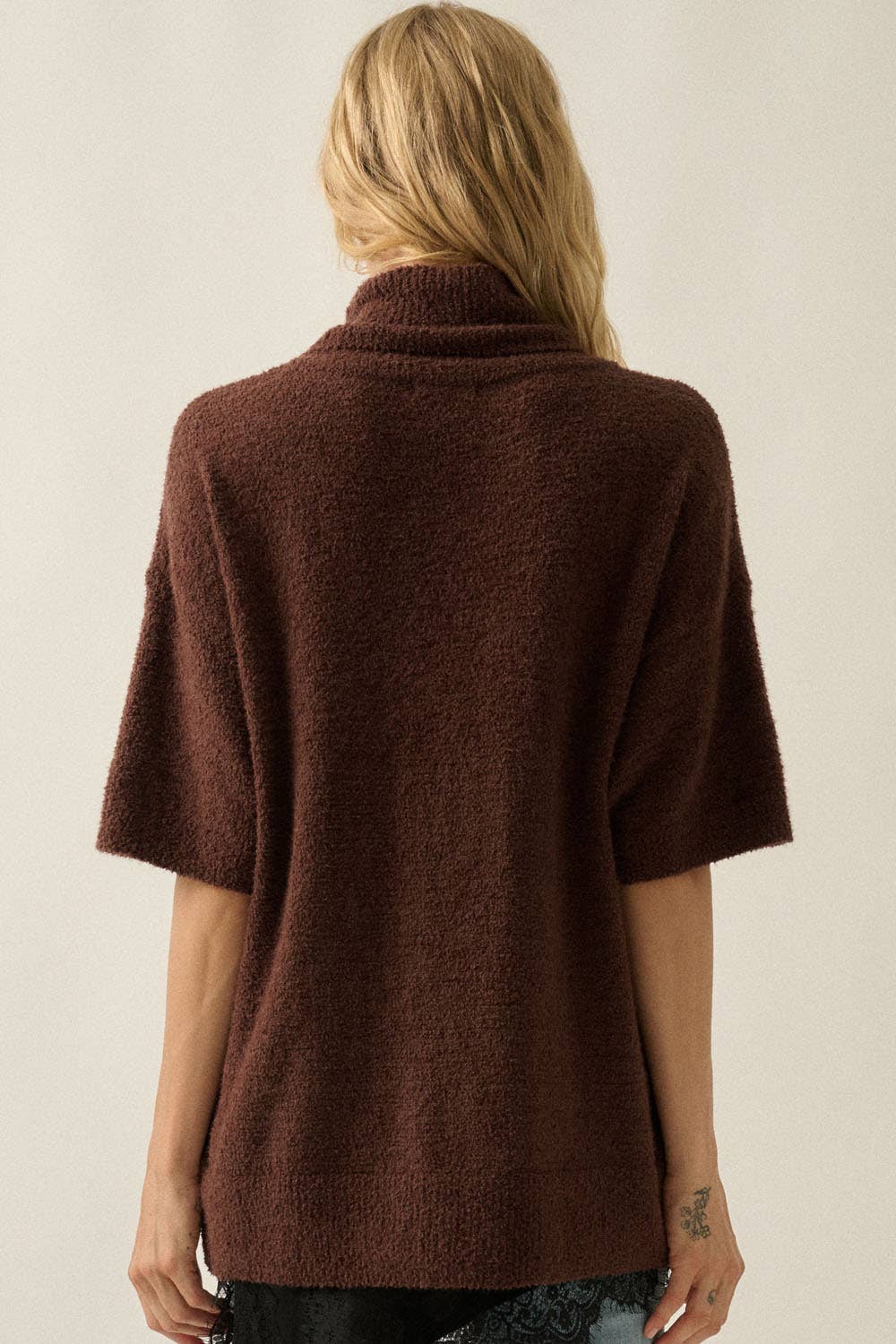 Boucle Knit Short-Sleeve Cowl-Neck Sweater