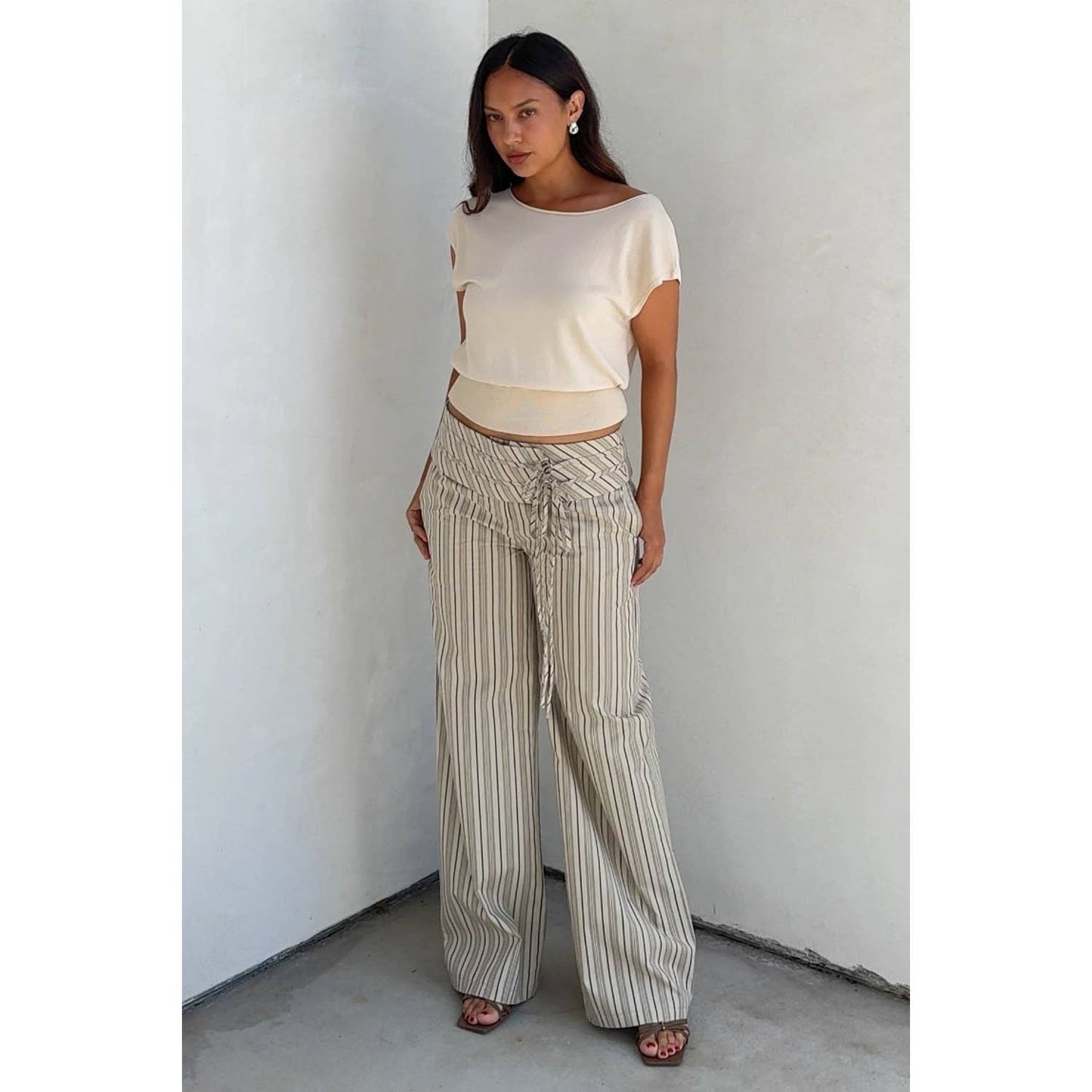 Striped Folded Waist Wrap Pants
