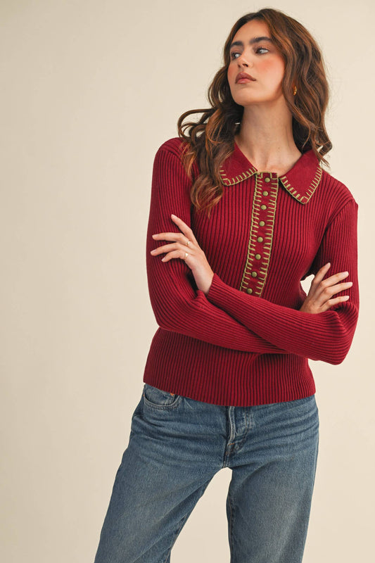 COLLARED RIBBED SWEATER WITH CONTRAST STITCH