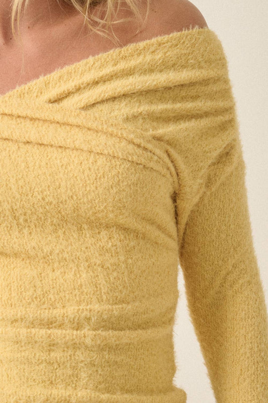 Fuzzy Knit Crossover Off-Shoulder Long-Sleeve Crop Top