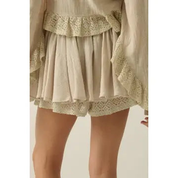 Cotton Gauze and Crochet Lace Gathered Drawstring Skort