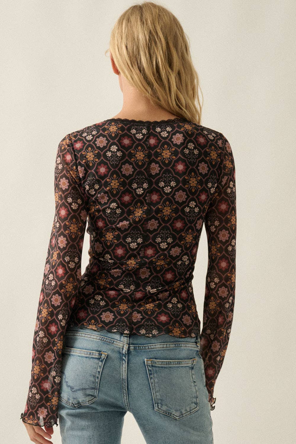 Blooms Mesh Bell-Sleeve Top