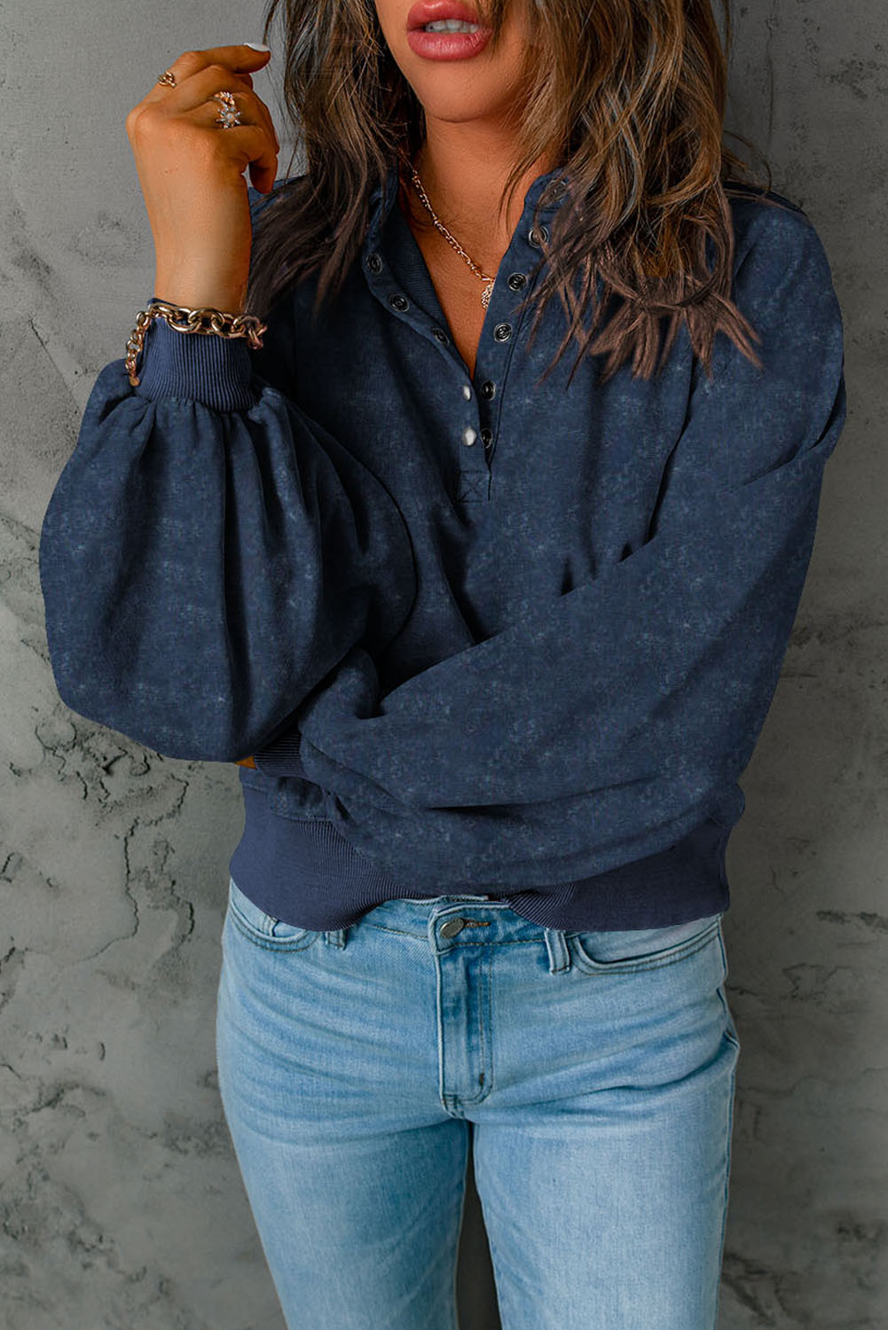 Washed Snap Button Pullover Sweatshirt
