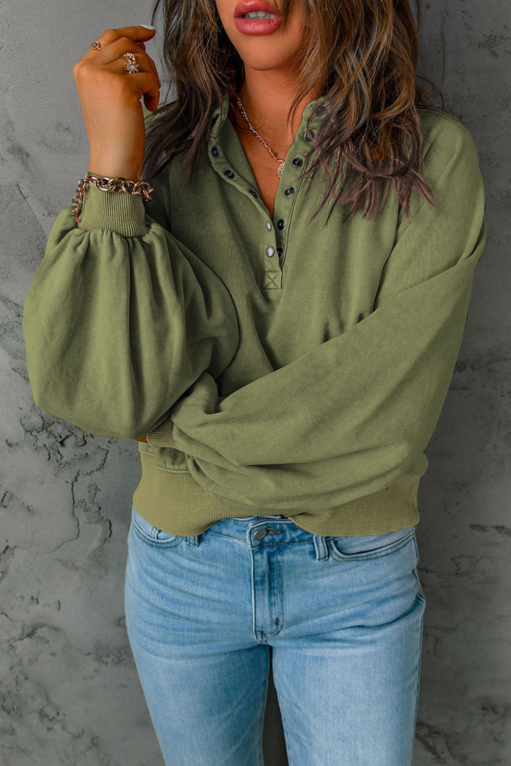 Washed Snap Button Pullover Sweatshirt