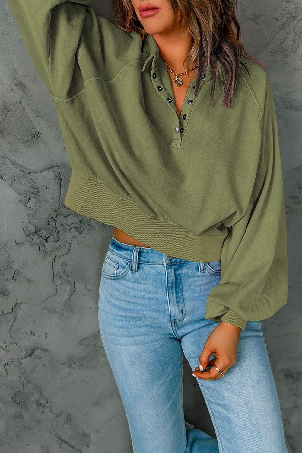 Washed Snap Button Pullover Sweatshirt