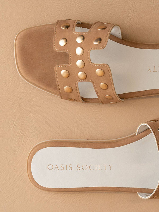 The Evelynne Camel Studded H Band Slides