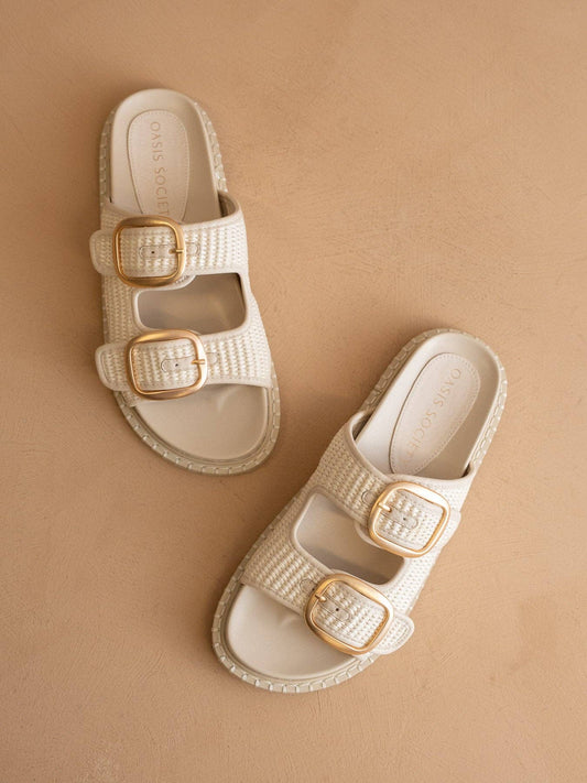 The Daytona Ivory aTwo-Tone Raffia Gold Buckle Sandal