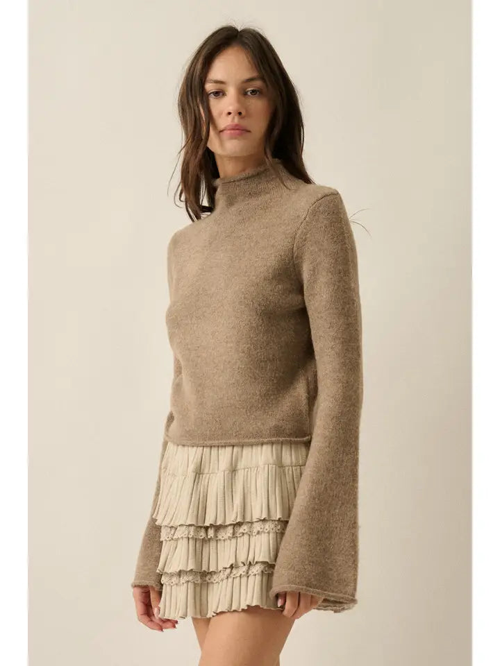Bell-Sleeve Rolled-Edge Crop Sweater