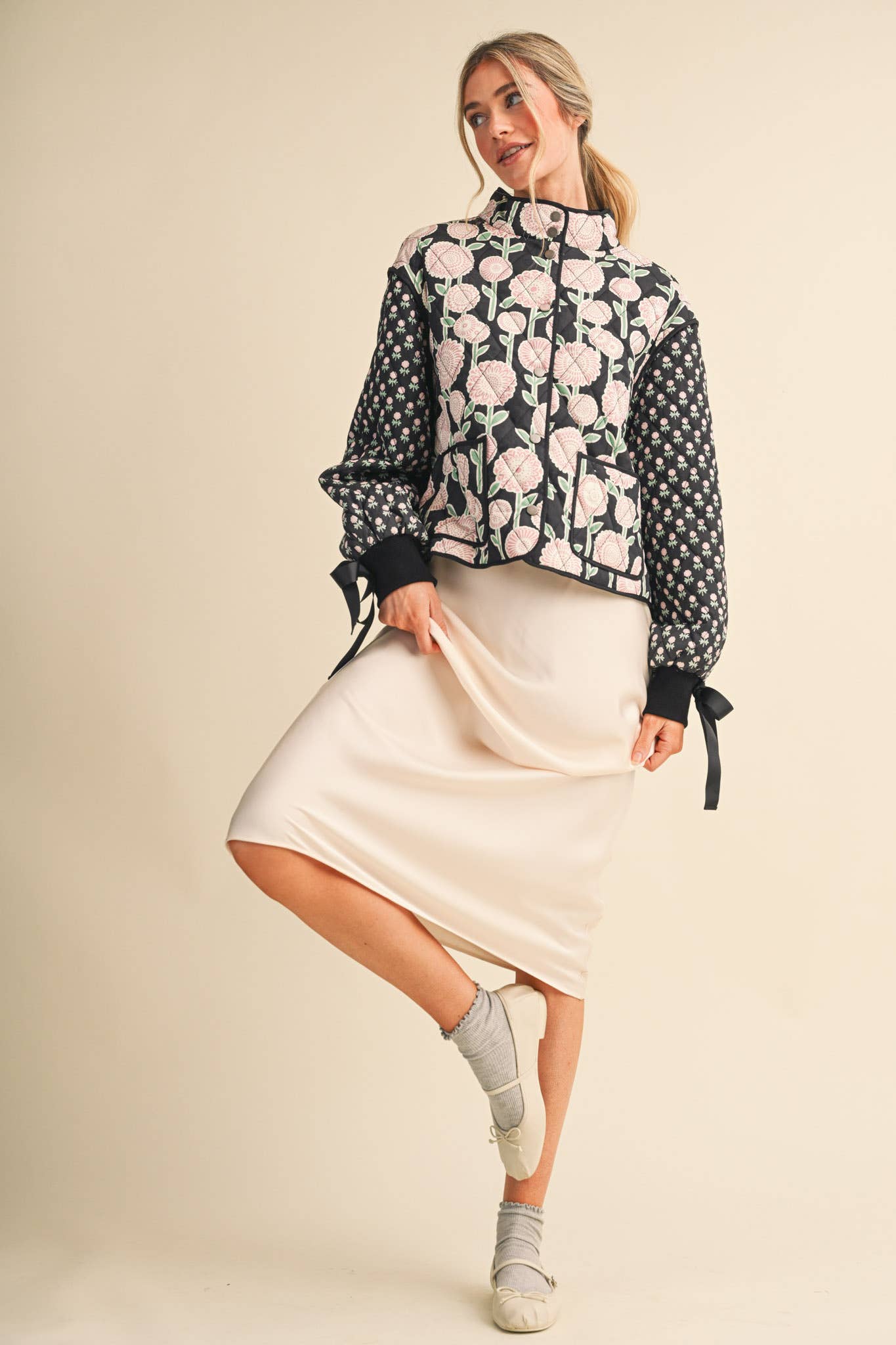 Quinn Quilted Floral Print Jacket with Ribbon Detail