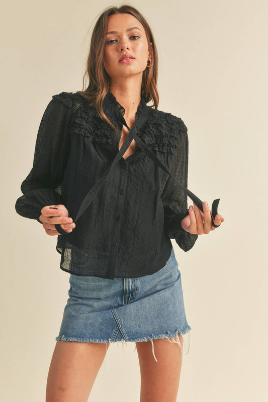 RUFFLE YOKE BALLOON SLEEVE TOP