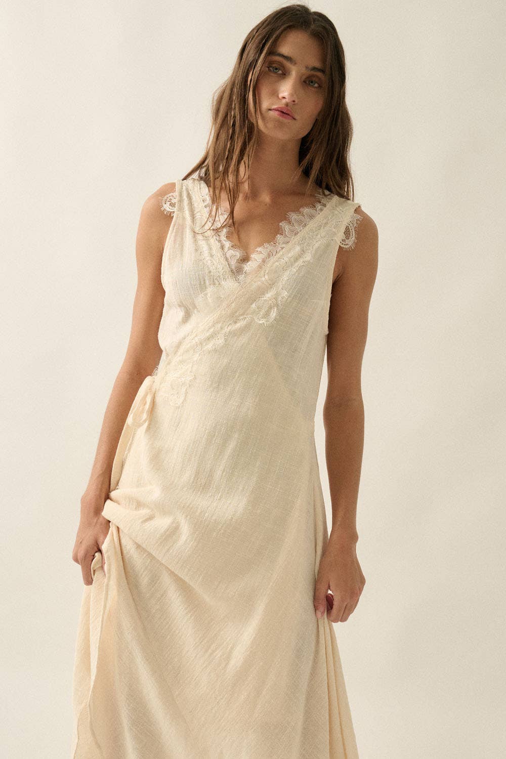 Lace-Trimmed Cotton Gauze Sleeveless Wrap Maxi Dress