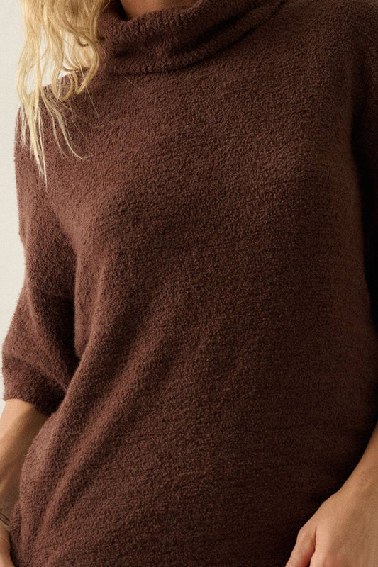 Boucle Knit Short-Sleeve Cowl-Neck Sweater