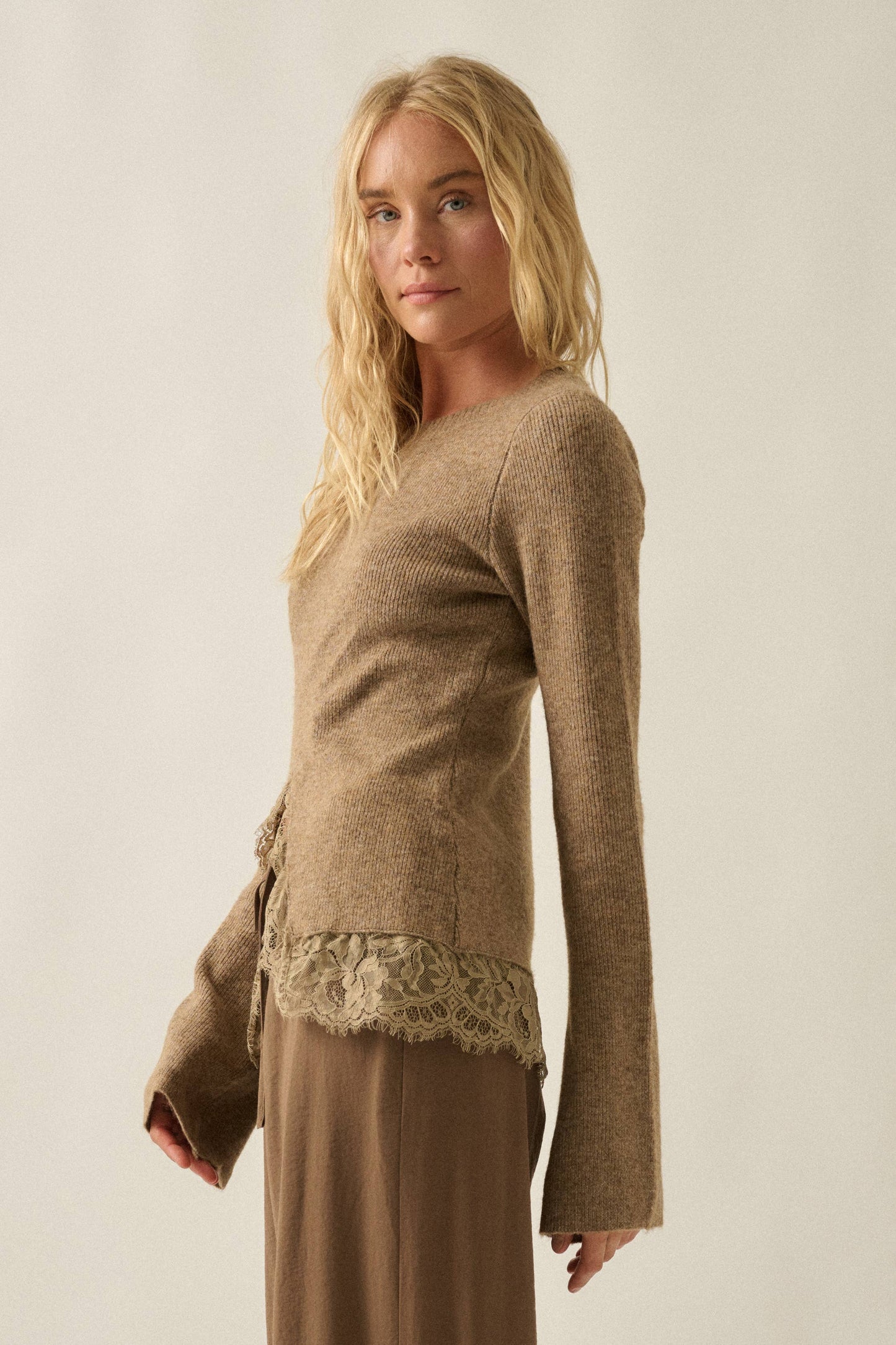 Sarah Solid Ribbed Bell-Sleeve Sweater