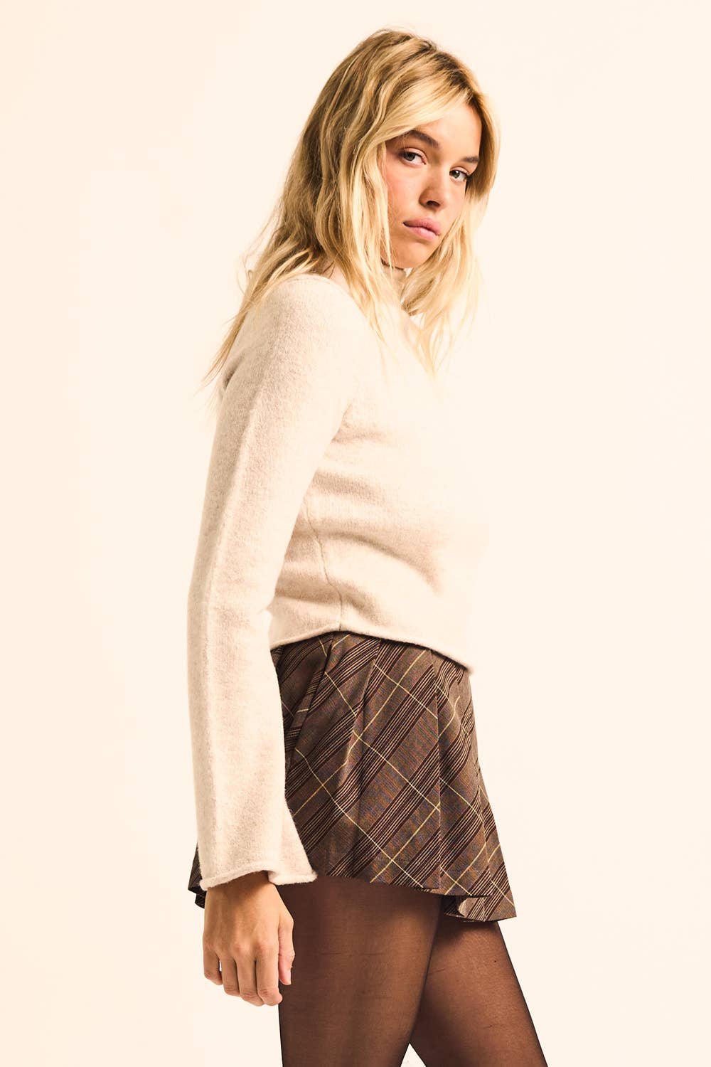 Bell-Sleeve Rolled-Edge Crop Sweater