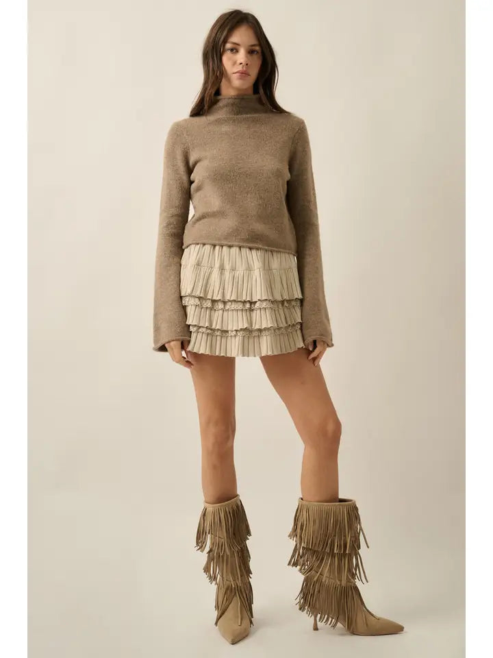 Bell-Sleeve Rolled-Edge Crop Sweater