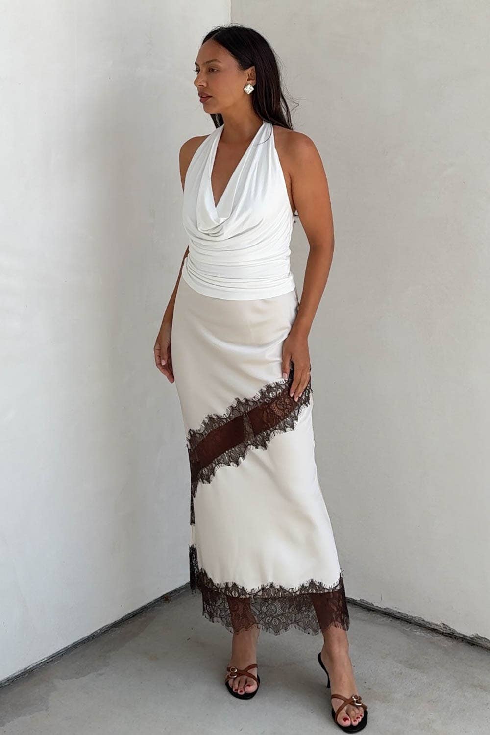 Satin Contrast Lace Trim Midi Skirt