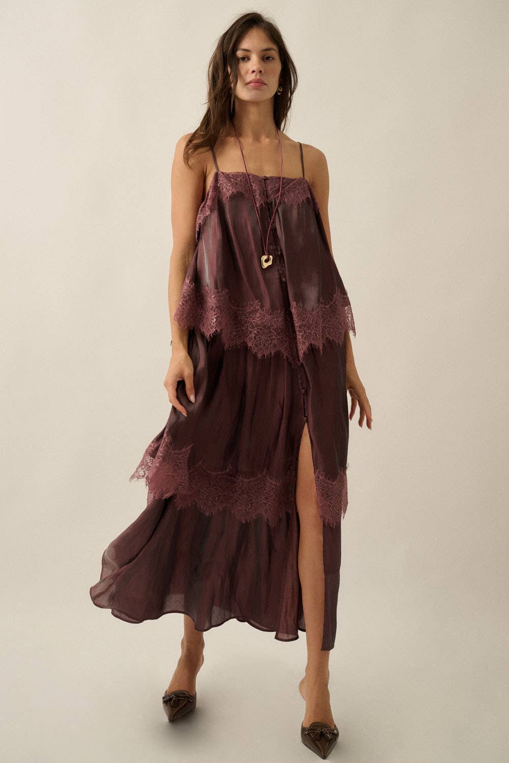 Shimmer Chiffon Lace-Trim Tiered Maxi Slip Dress