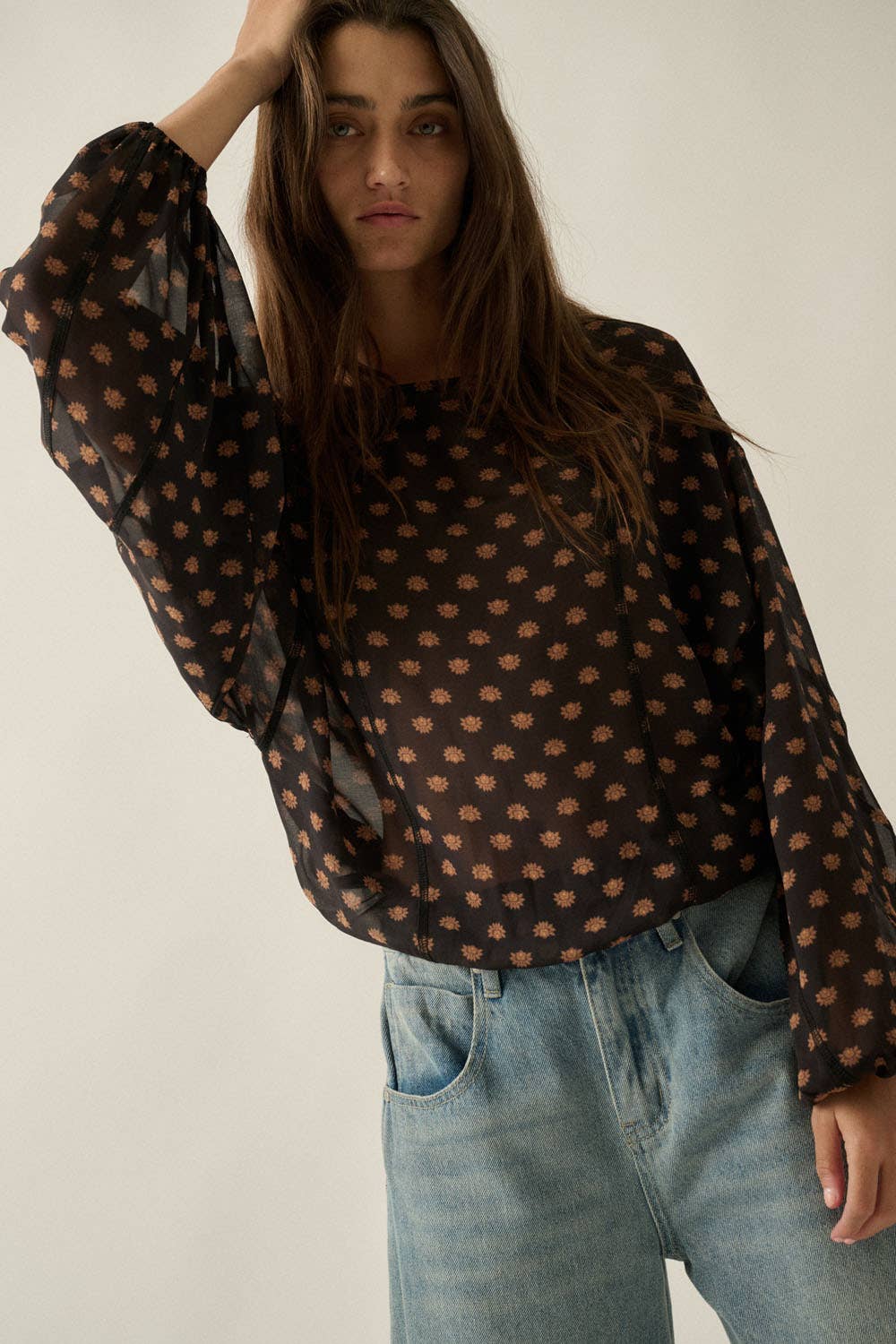 Floral Balloon-Sleeve Bodysuit