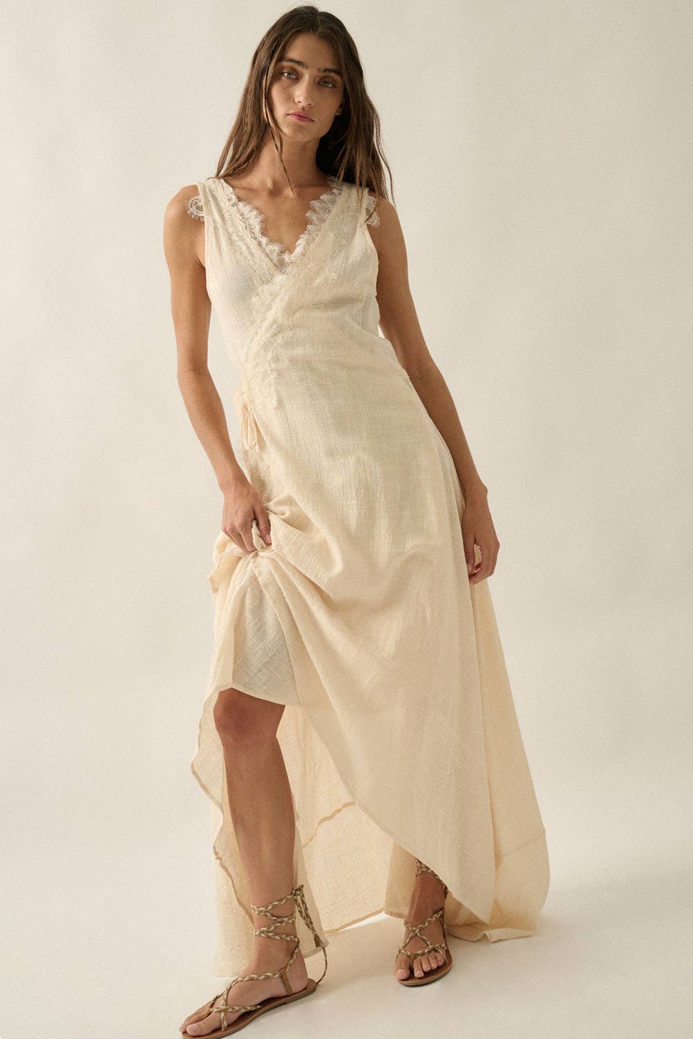 Lace-Trimmed Cotton Gauze Sleeveless Wrap Maxi Dress