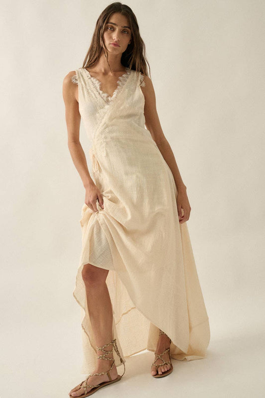 Lace-Trimmed Cotton Gauze Sleeveless Wrap Maxi Dress