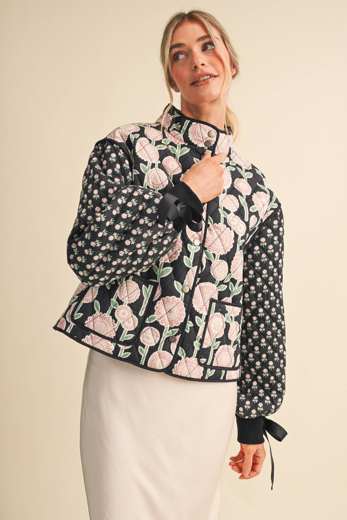 Quinn Quilted Floral Print Jacket with Ribbon Detail