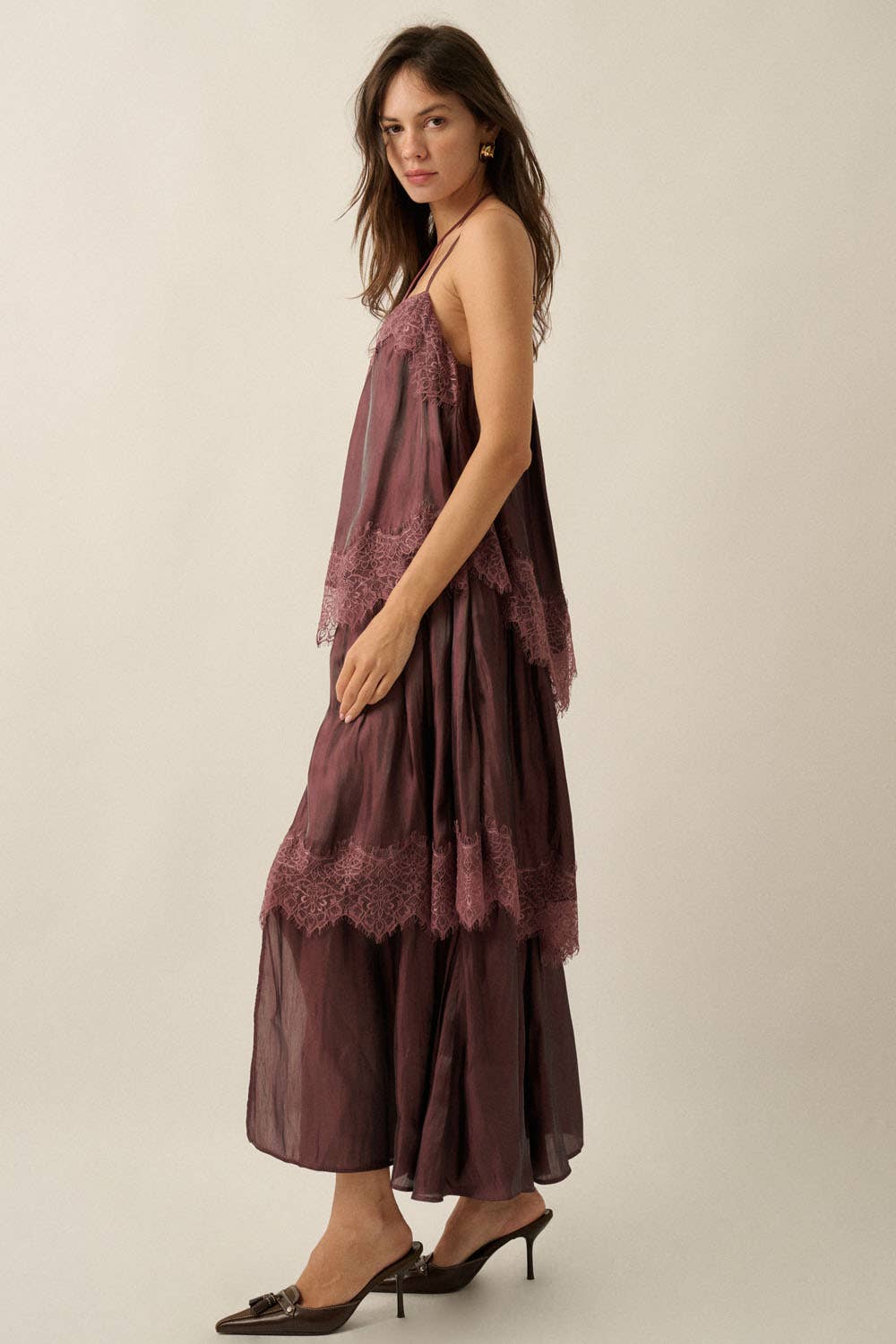 Shimmer Chiffon Lace-Trim Tiered Maxi Slip Dress