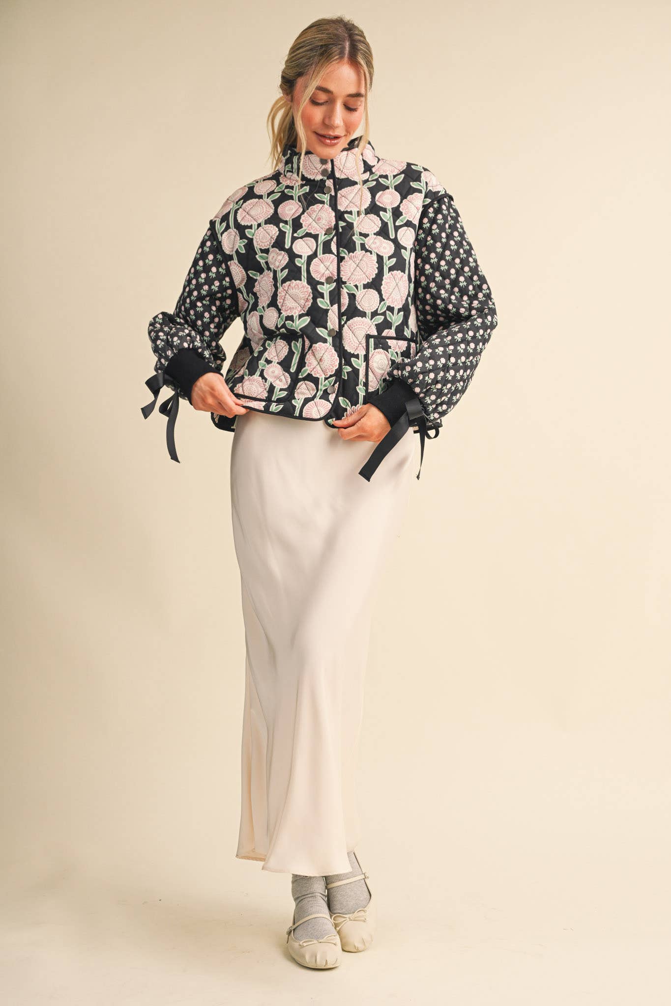 Quinn Quilted Floral Print Jacket with Ribbon Detail