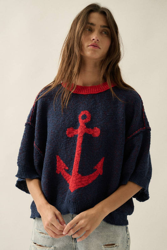 Anchor Jacquard-Knit Exposed-Seam Short-Sleeve Sweater