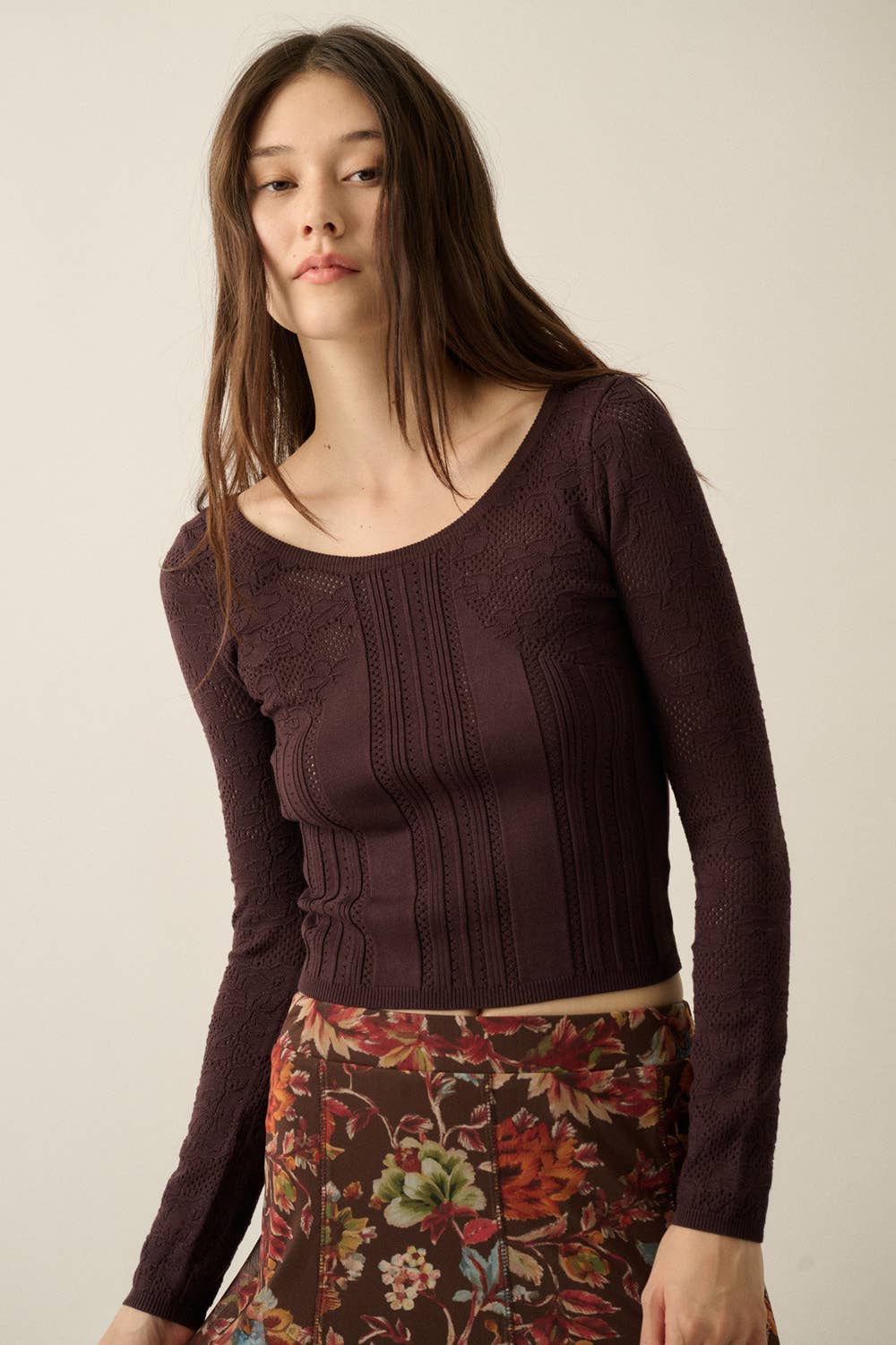 Floral Pointelle and Ribbed Knit Fitted Long-Sleeve Top