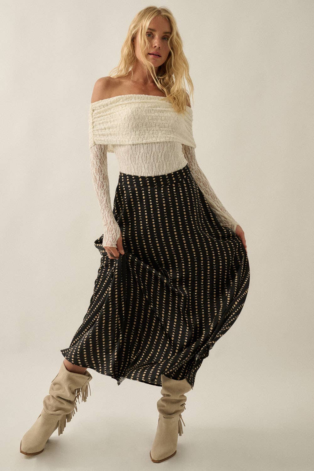 Lacey Off-Shoulder Long-Sleeve Bodysuit