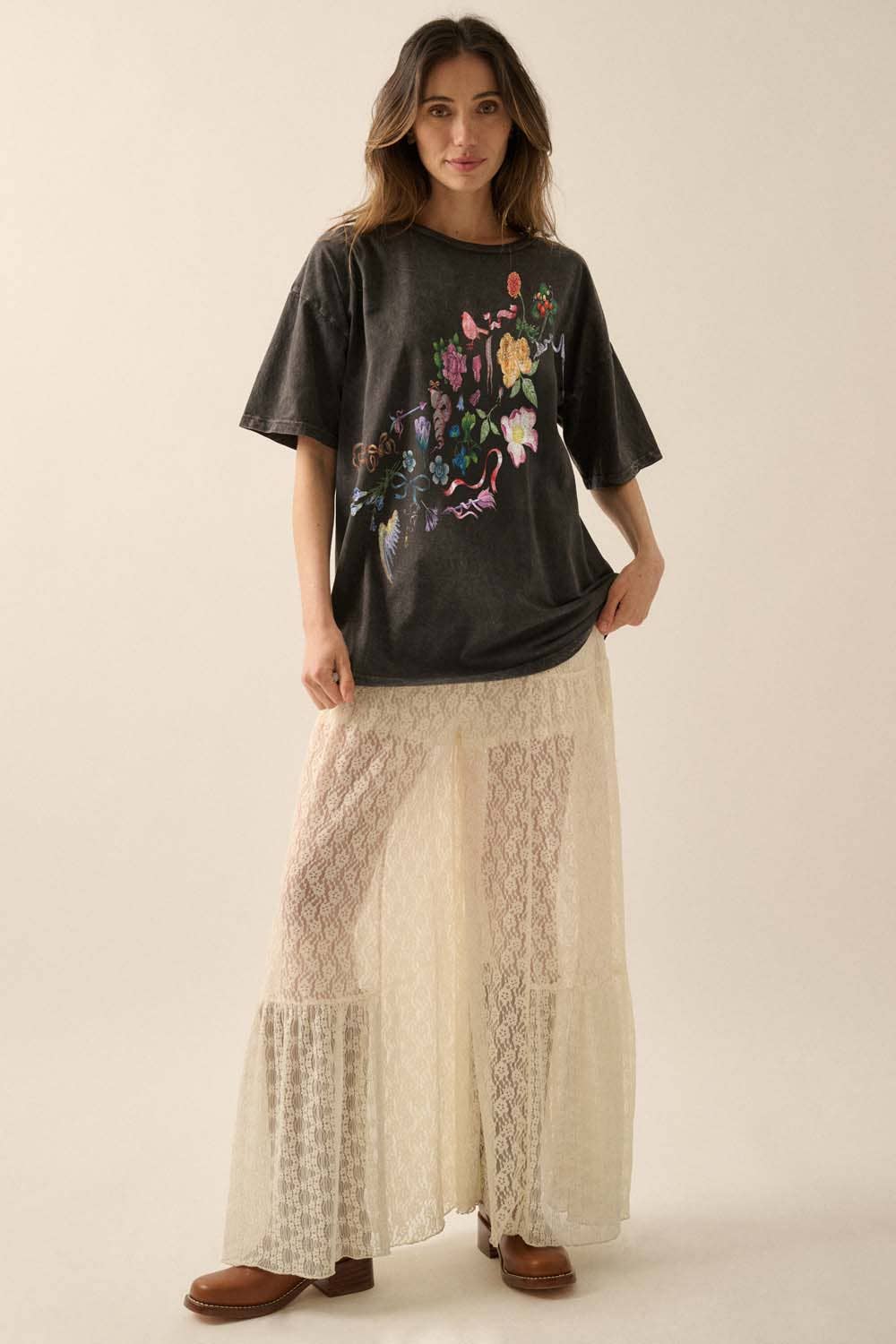 Flowers Bows and Birds Vintage-Wash Graphic Tee