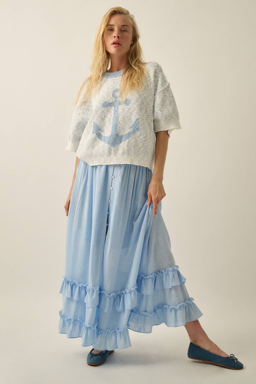 Anchor Jacquard-Knit Exposed-Seam Short-Sleeve Sweater