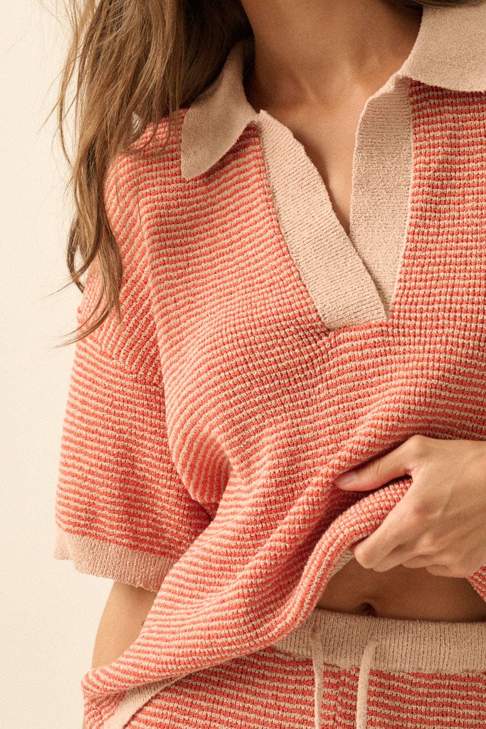 Striped Rib-Knit Collared Split-Neck Top