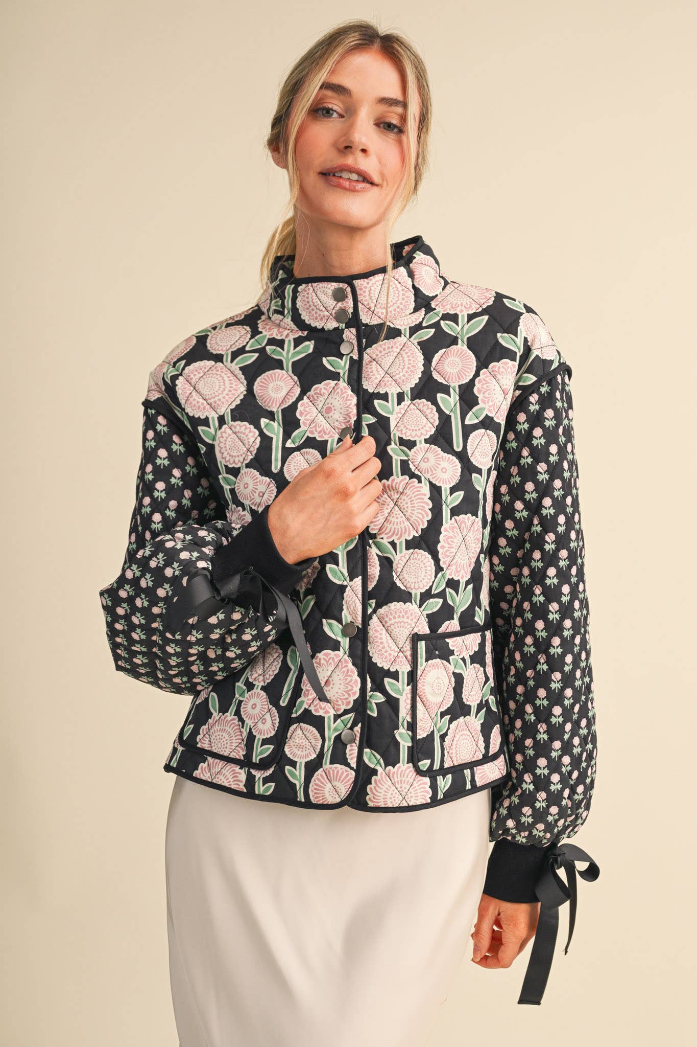 Quinn Quilted Floral Print Jacket with Ribbon Detail