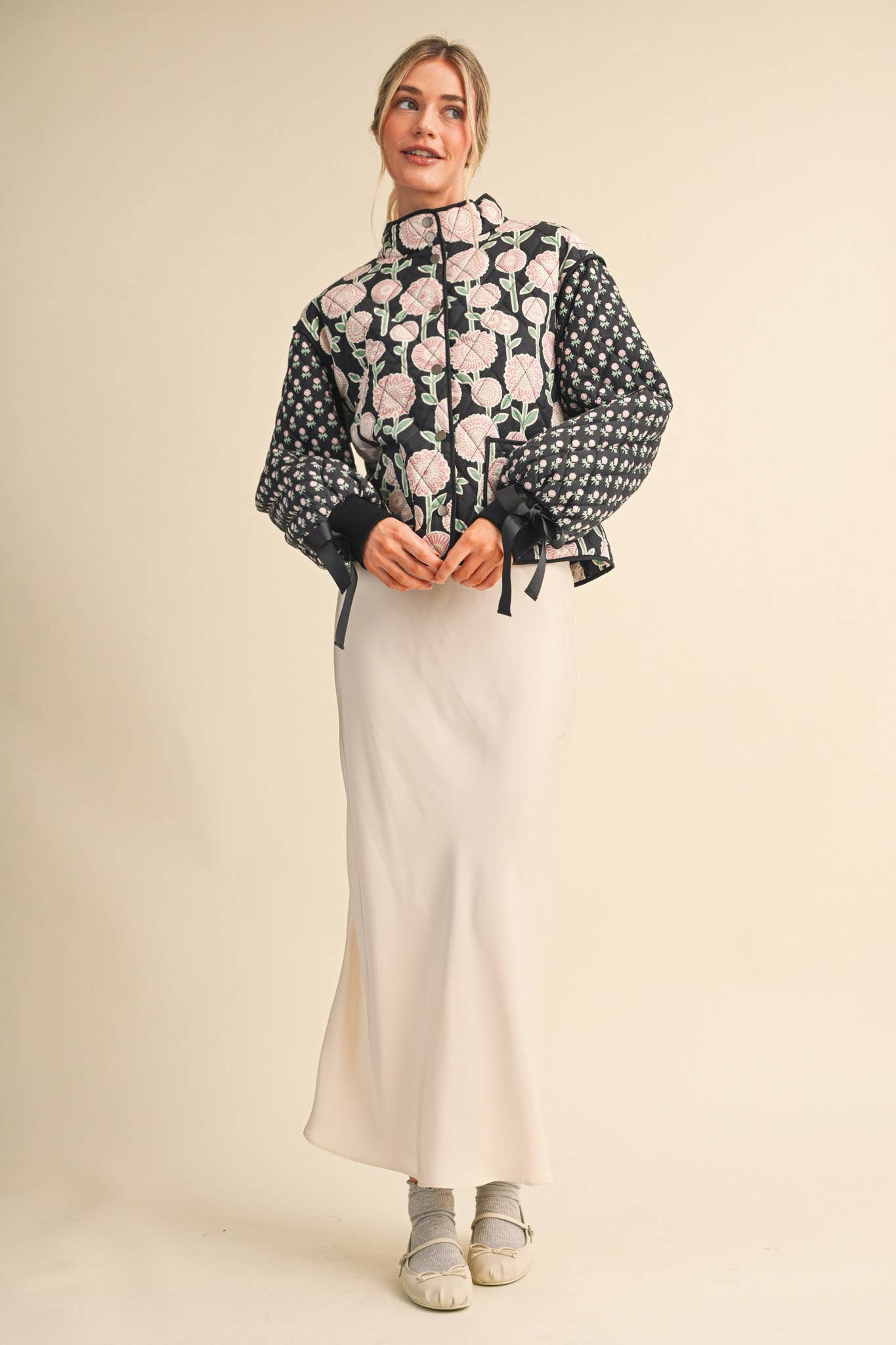 Quinn Quilted Floral Print Jacket with Ribbon Detail