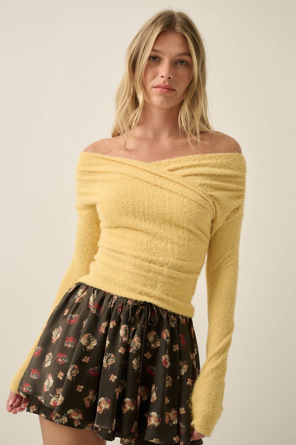 Fuzzy Knit Crossover Off-Shoulder Long-Sleeve Crop Top