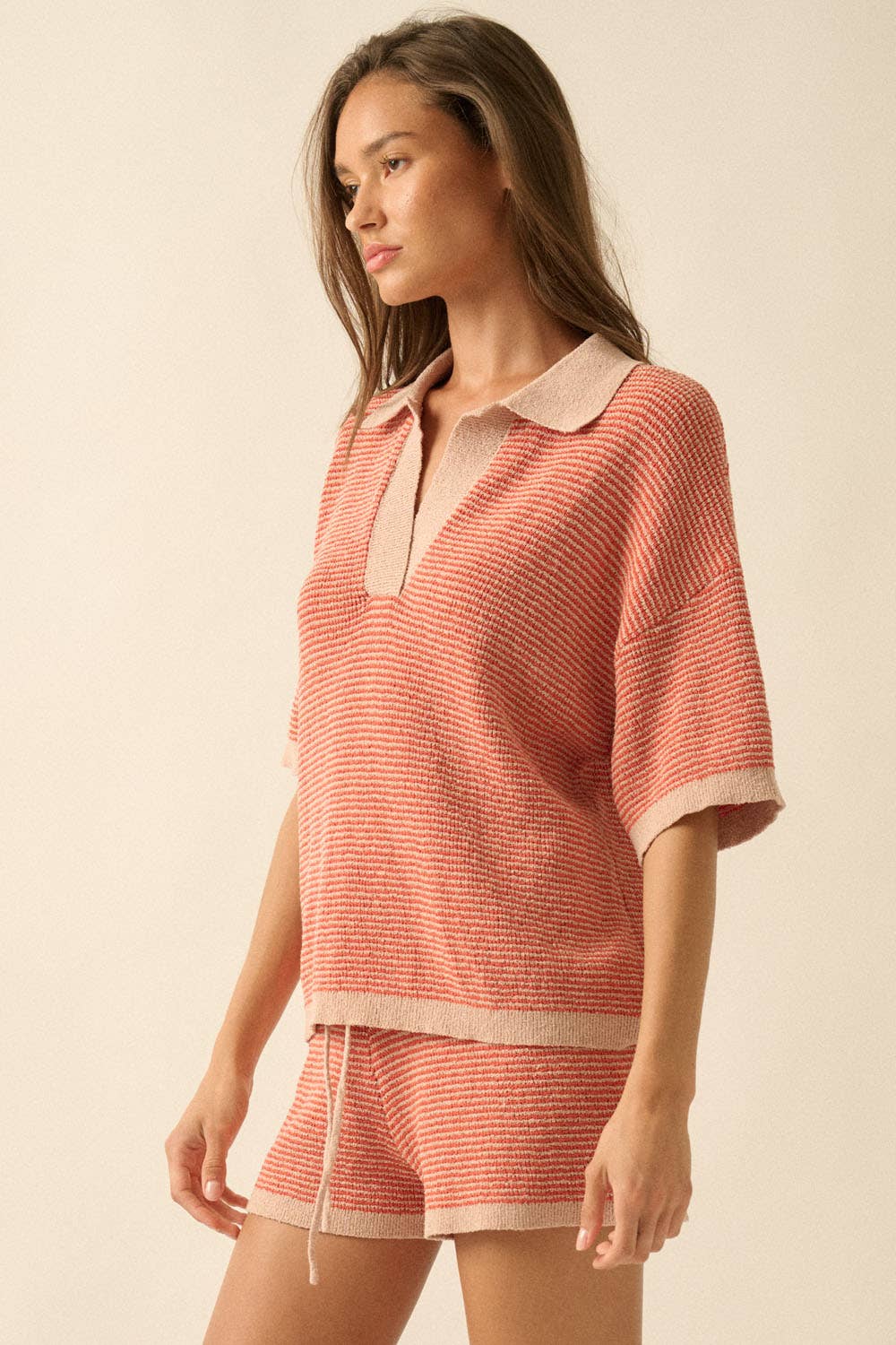 Striped Rib-Knit Collared Split-Neck Top