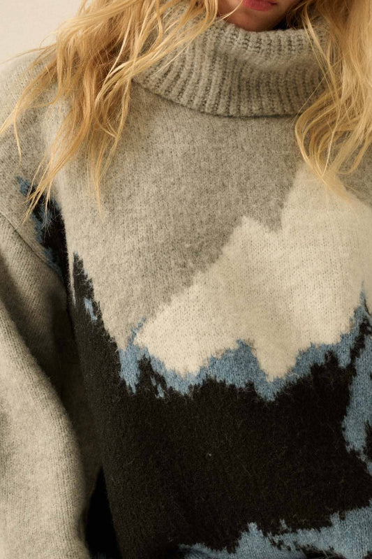 Mountains Fuzzy Jacquard-Knit Turtleneck Sweater