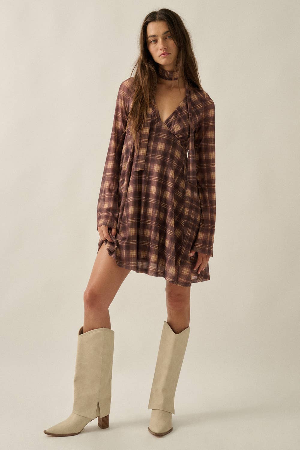Belle-Sleeve Mini Dress with Scarf
