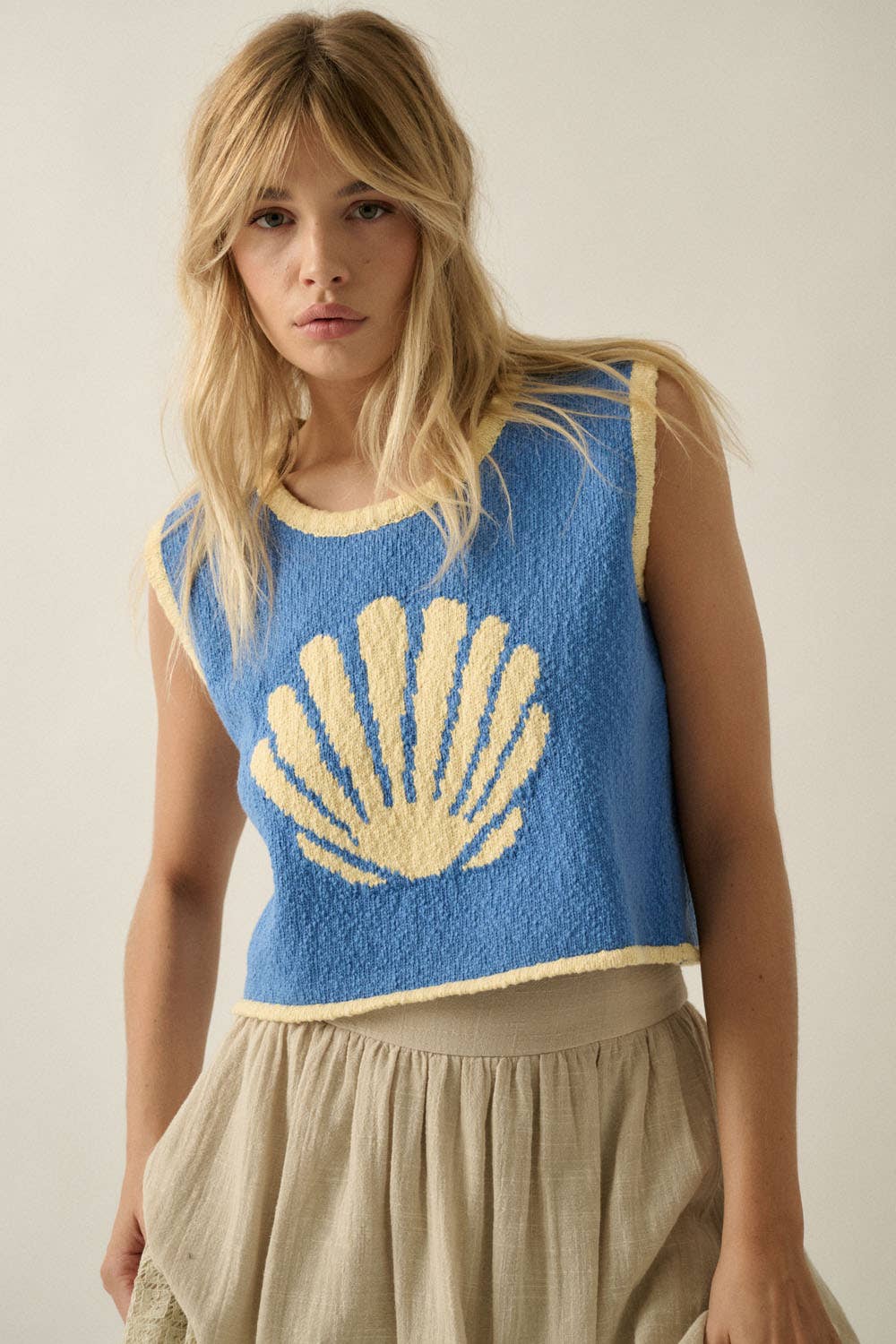 Seashell Jacquard-Knit Cropped Sweater Tank Top