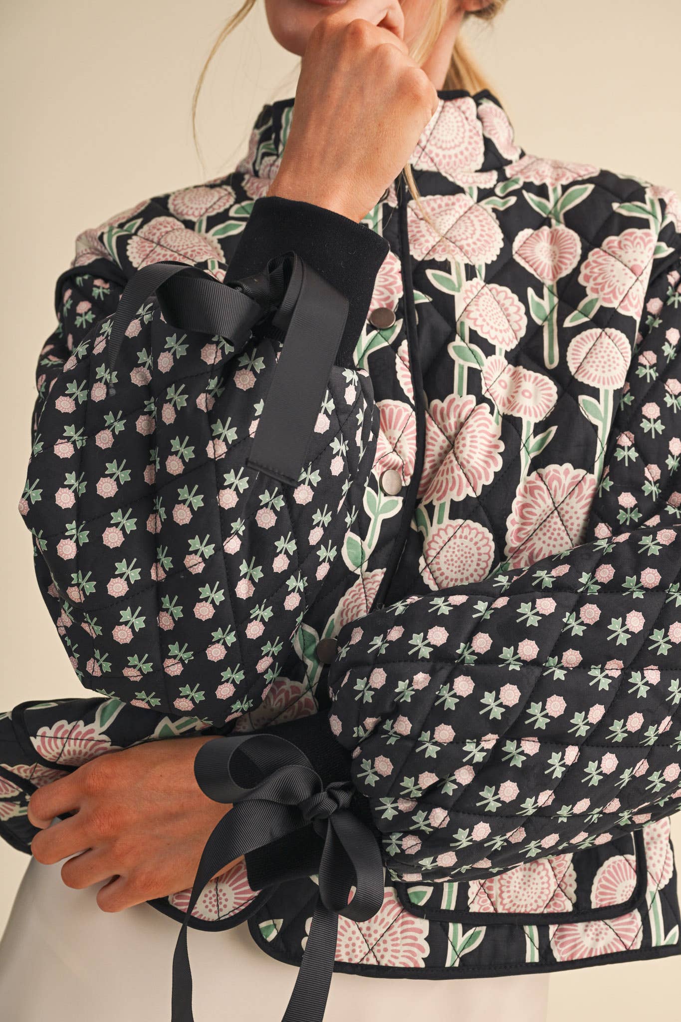 Quinn Quilted Floral Print Jacket with Ribbon Detail
