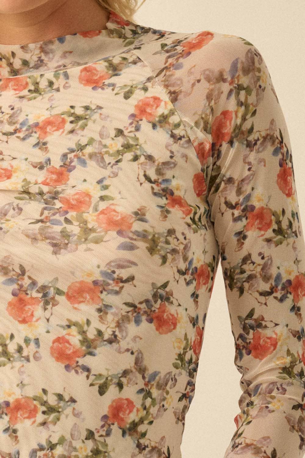 Floral Mesh Mock-Neck Thumbhole Raglan Top
