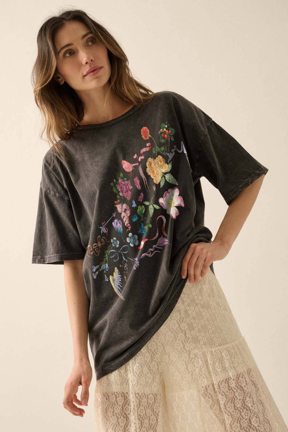 Flowers Bows and Birds Vintage-Wash Graphic Tee