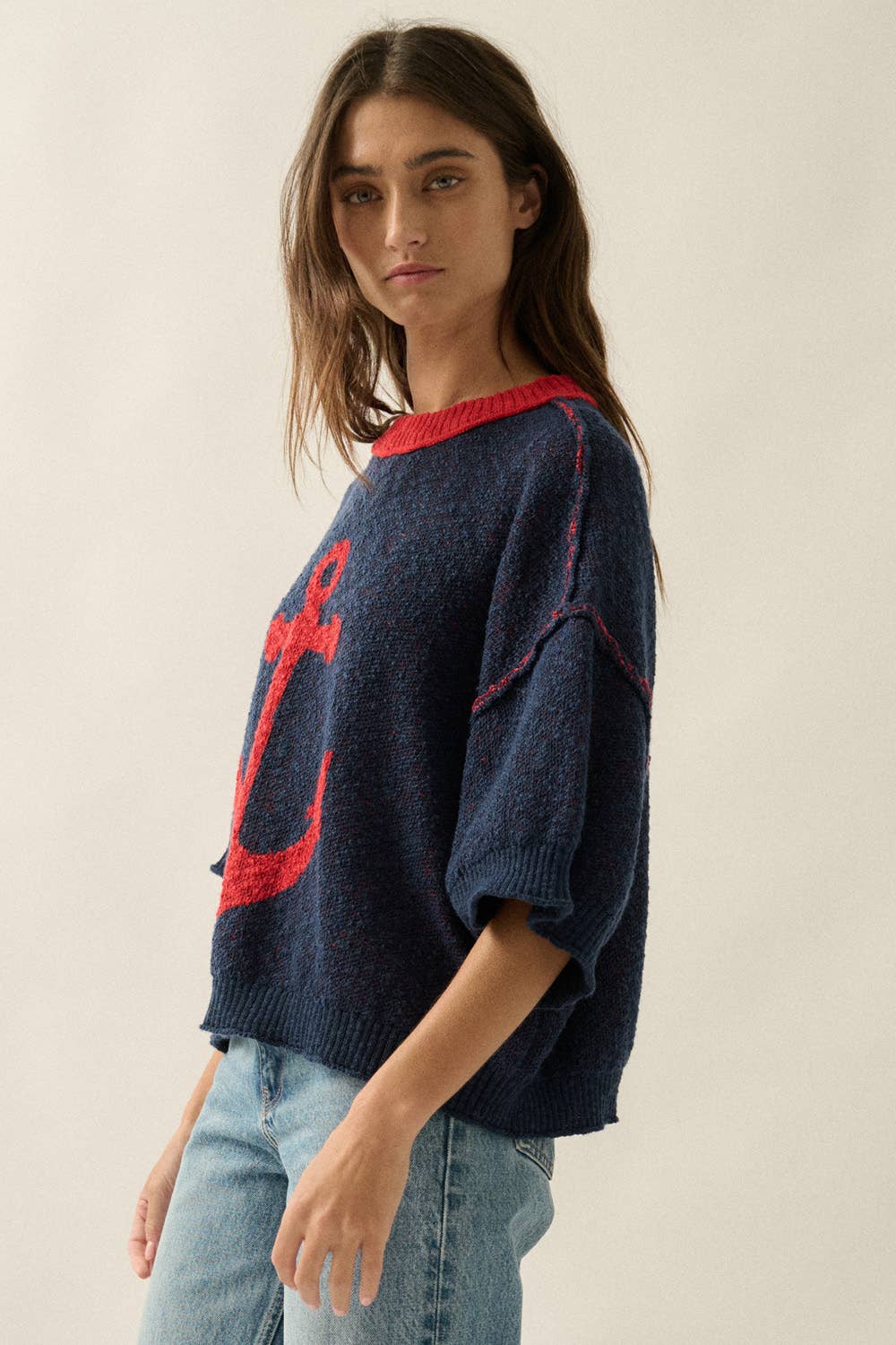 Anchor Jacquard-Knit Exposed-Seam Short-Sleeve Sweater