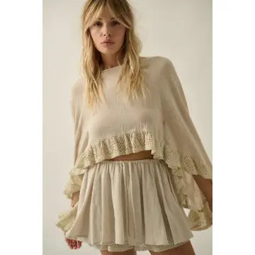 Cotton Gauze and Crochet Lace Ruffle Bell-Sleeve Cropped Top