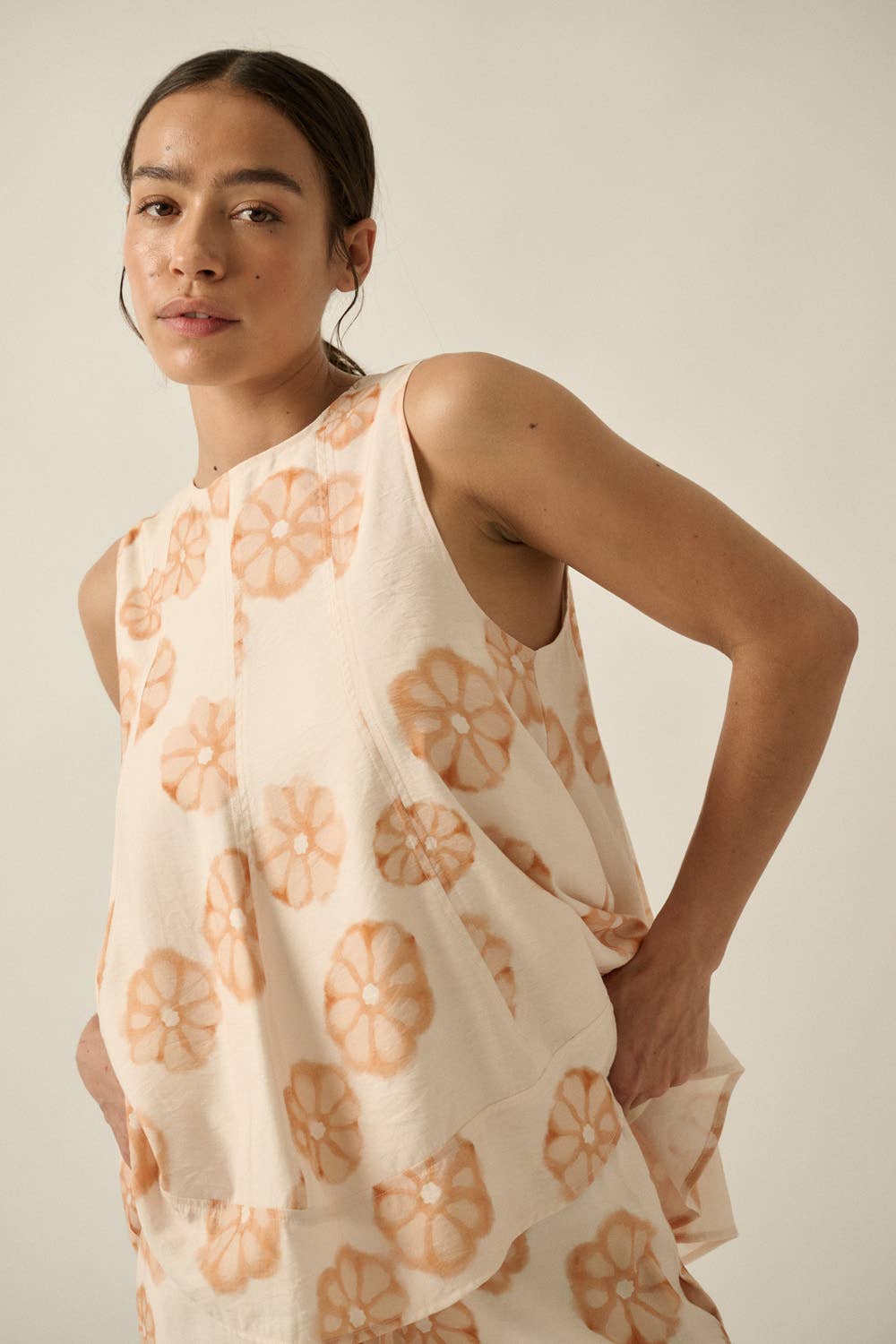 Floral-Print Sleeveless A-Line Tunic Top