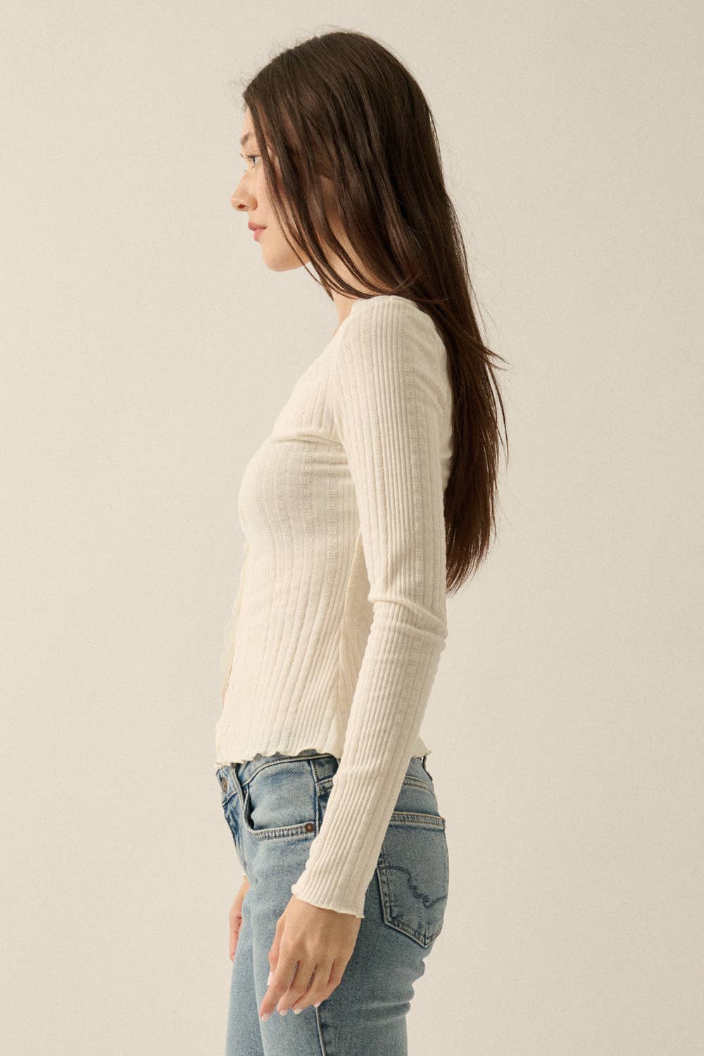 Pointelle Ribbed Knit Lace-Trim Sweater