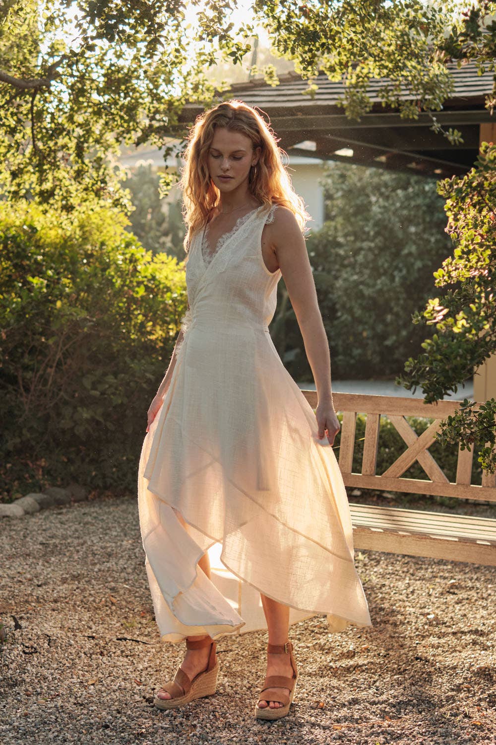 Lace-Trimmed Cotton Gauze Sleeveless Wrap Maxi Dress